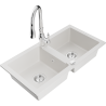 Mexen Mario granite double-bowl kitchen sink with Savita faucet, white - 6504-20-672601-00