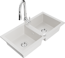 Mexen Mario 2-compartment granite sink with a kitchen mixer tap Savita, White - 6504-20-672601-00