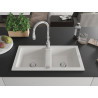 Mexen Mario granite double-bowl kitchen sink with Savita faucet, white - 6504-20-672601-00