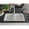Mexen Mario granite double-bowl sink with Savita kitchen faucet, white - 6504-20-672601-20