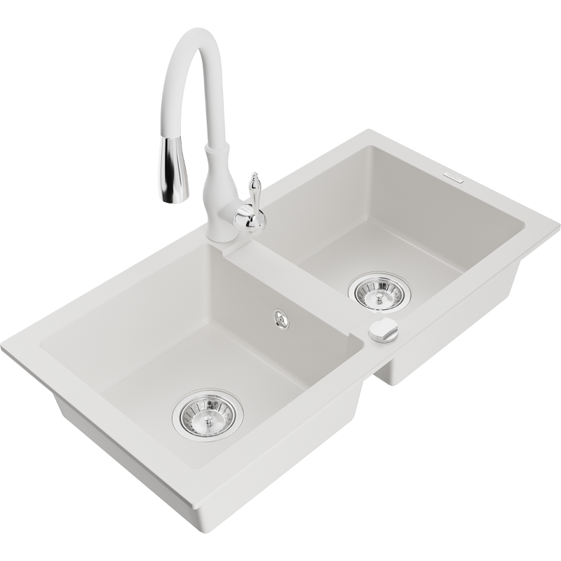 Mexen Mario 2-bowl granite kitchen sink with Savita kitchen tap, white - 6504-20-672601-20
