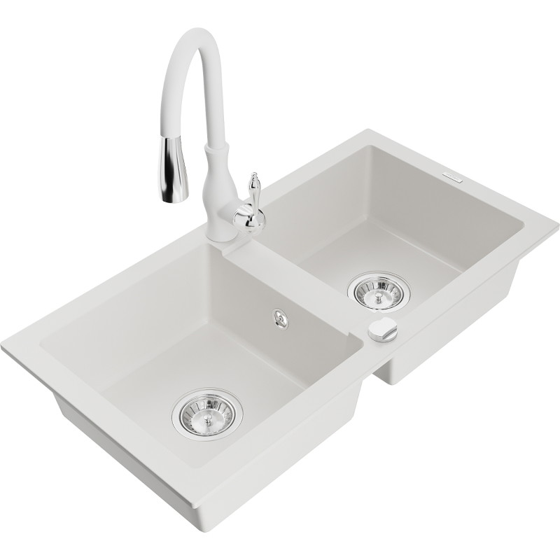 Mexen Mario granite double-bowl sink with Savita kitchen faucet, white - 6504-20-672601-20