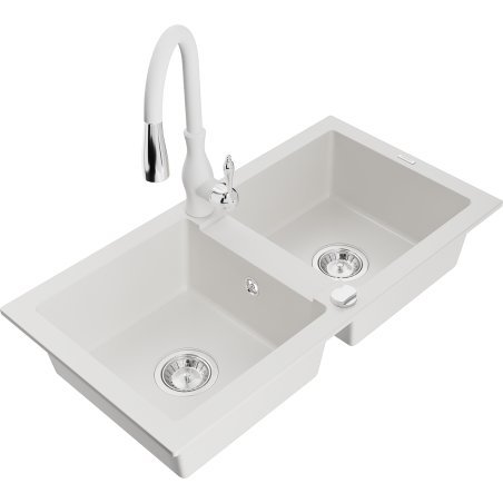 Mexen Mario granite double-bowl sink with Savita kitchen faucet, white - 6504-20-672601-20