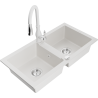Mexen Mario granite double-bowl sink with Savita kitchen faucet, white - 6504-20-672601-20