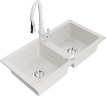 Mexen Mario 2-compartment granite sink with a kitchen mixer tap Savita, White - 6504-20-672601-20