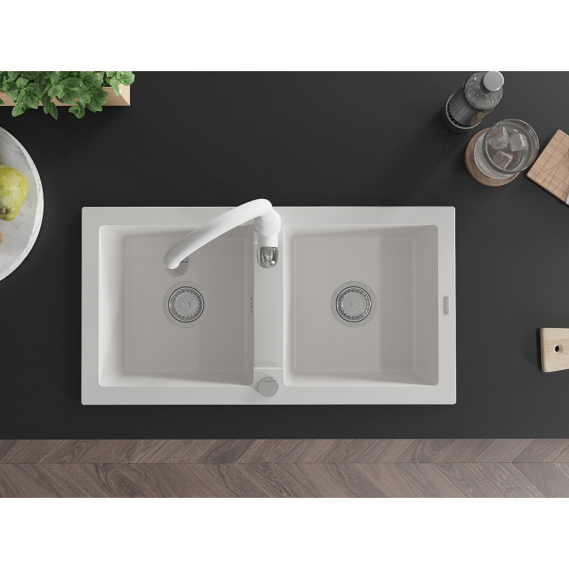 Mexen Mario 2-chamber granite sink with Savita kitchen faucet, white - 6504-20-672601-20