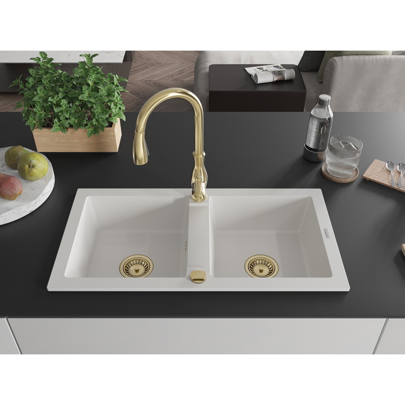 Mexen Mario granite double bowl sink with Savita kitchen faucet, white - 6504-20-672601-50