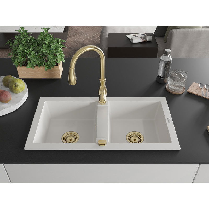 Mexen Mario granite kitchen sink with 2 compartments and Savita kitchen tap, white - 6504-20-672601-50