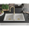 Mexen Mario granite double bowl sink with Savita kitchen faucet, white - 6504-20-672601-50
