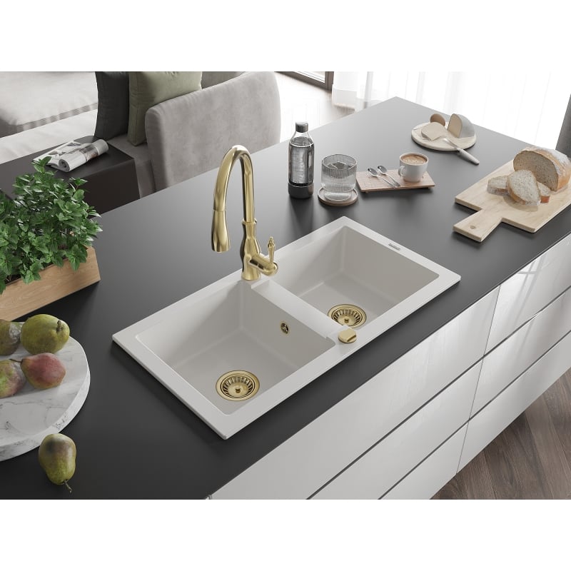 Mexen Mario 2-Bowl Granite Sink with Savita Kitchen Faucet, White - 6504-20-672601-50