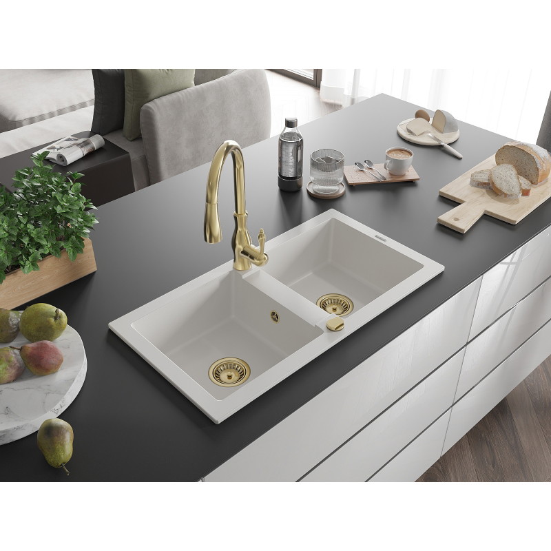 Mexen Mario granite double bowl sink with Savita kitchen faucet, white - 6504-20-672601-50