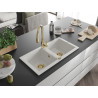 Mexen Mario granite double bowl sink with Savita kitchen faucet, white - 6504-20-672601-50
