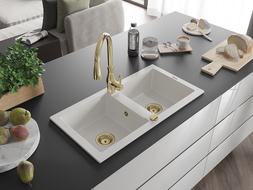 Mexen Mario 2-compartment granite sink with a kitchen mixer tap Savita, White - 6504-20-672601-50