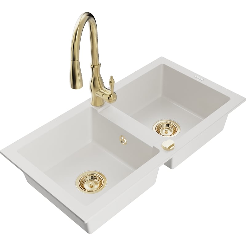 Mexen Mario 2-Bowl Granite Sink with Savita Kitchen Faucet, White - 6504-20-672601-50