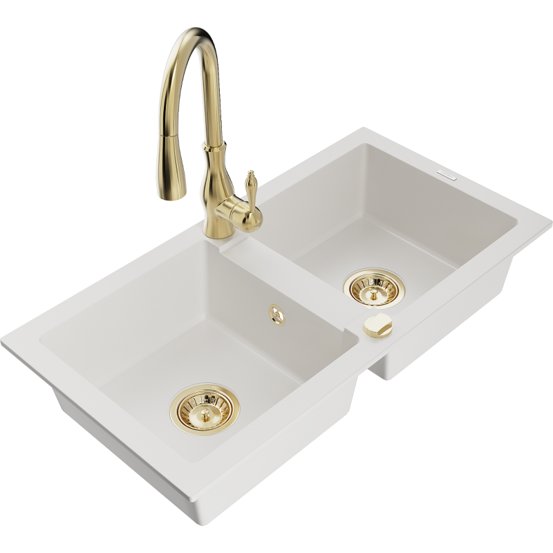 Mexen Mario granite kitchen sink with 2 compartments and Savita kitchen tap, white - 6504-20-672601-50