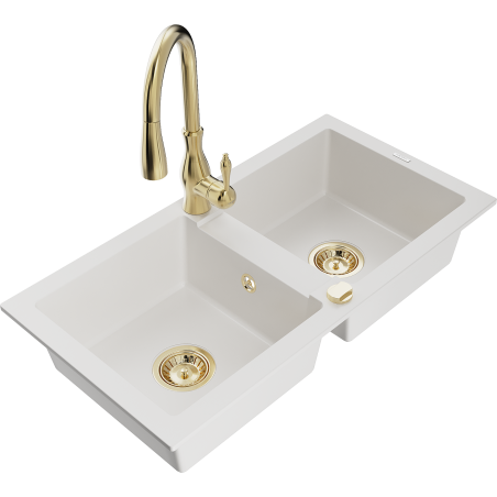 Mexen Mario 2-Bowl Granite Sink with Savita Kitchen Faucet, White - 6504-20-672601-50