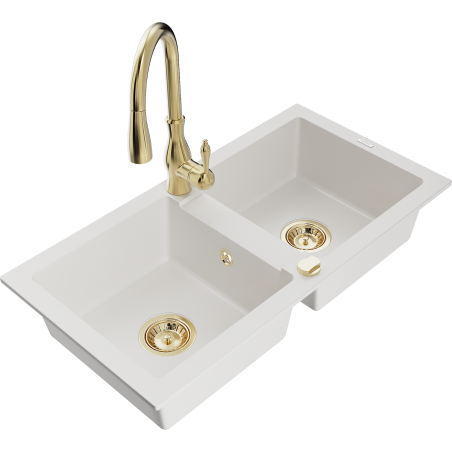 Mexen Mario granite double bowl sink with Savita kitchen faucet, white - 6504-20-672601-50