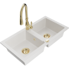 Mexen Mario 2-compartment granite sink with a kitchen mixer tap Savita, White - 6504-20-672601-50