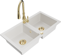 Mexen Mario 2-compartment granite sink with a kitchen mixer tap Savita, White - 6504-20-672601-50