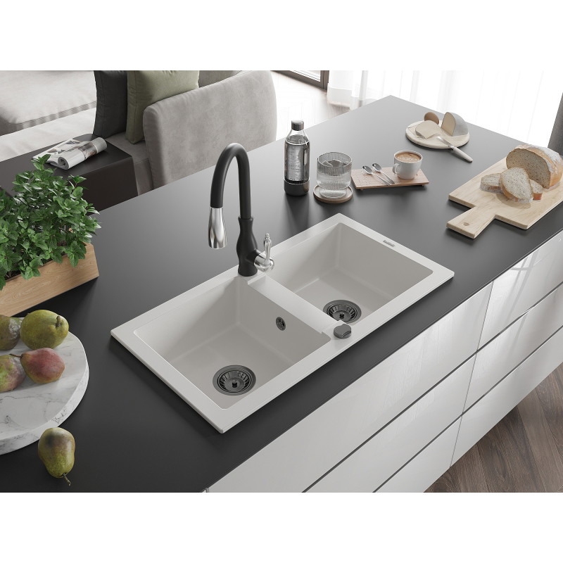 Mexen Mario granit sink 2-chamber with Savita kitchen faucet, white - 6504-20-672601-70