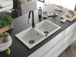 Mexen Mario 2-compartment granite sink with a kitchen mixer tap Savita, White - 6504-20-672601-70