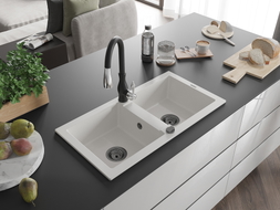 Mexen Mario granit sink 2-chamber with Savita kitchen faucet, white - 6504-20-672601-70