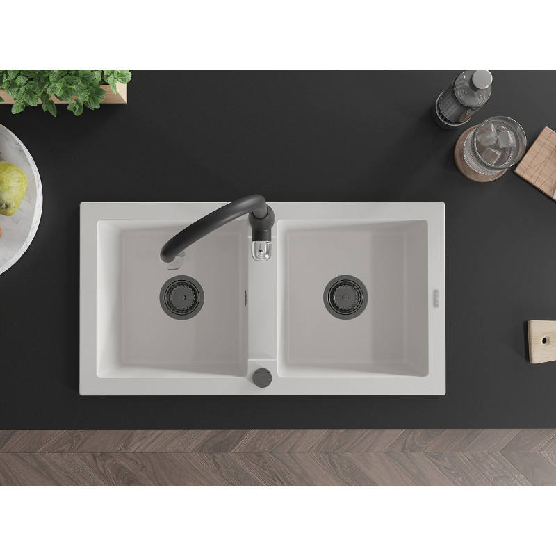 Mexen Mario granite double-bowl sink with Savita kitchen faucet, white - 6504-20-672601-70