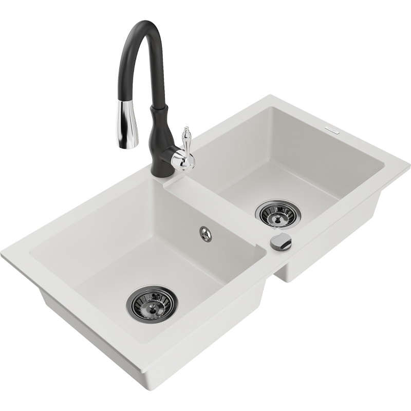 Mexen Mario granite double-bowl sink with Savita kitchen faucet, white - 6504-20-672601-70