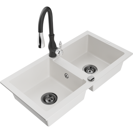 Mexen Mario granite double-bowl sink with Savita kitchen faucet, white - 6504-20-672601-70