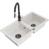 Mexen Mario granite double-bowl sink with Savita kitchen faucet, white - 6504-20-672601-70