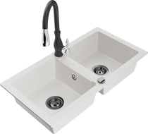 Mexen Mario granit sink 2-chamber with Savita kitchen faucet, white - 6504-20-672601-70