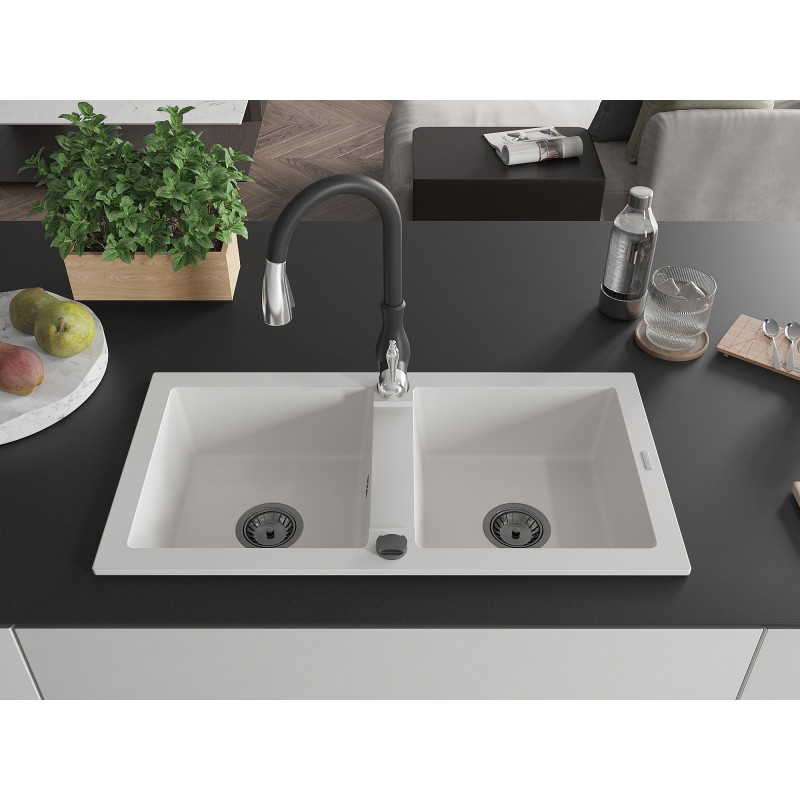 Mexen Mario granite double-bowl sink with Savita kitchen faucet, white - 6504-20-672601-70