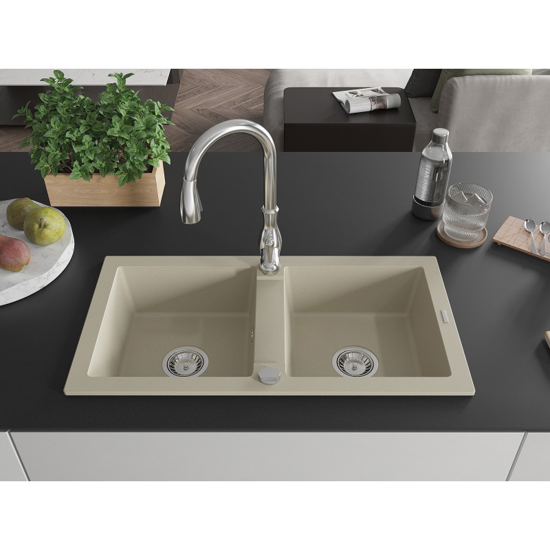 Mexen Mario granite kitchen sink 2-bowl with Savita kitchen faucet, beige - 6504-69-672601-00