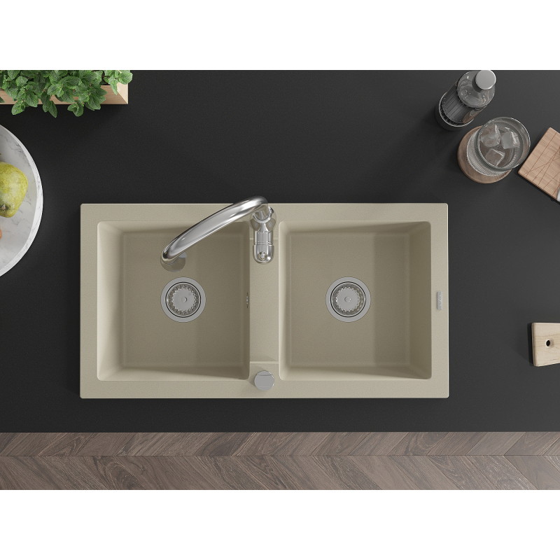 Mexen Mario granite kitchen sink 2-bowl with Savita kitchen faucet, beige - 6504-69-672601-00