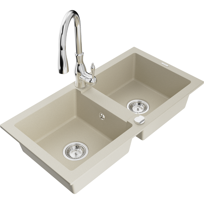 Mexen Mario 2-bowl granite sink with Savita kitchen tap, beige - 6504-69-672601-00