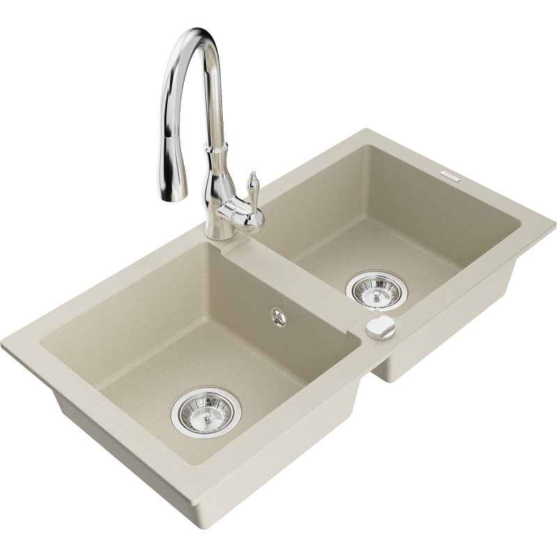 Mexen Mario granite double-bowl sink with Savita kitchen faucet, beige - 6504-69-672601-00