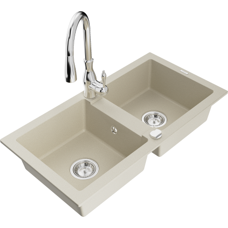 Mexen Mario 2-bowl granite sink with Savita kitchen tap, beige - 6504-69-672601-00