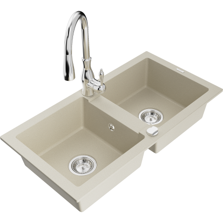 Mexen Mario granite kitchen sink 2-bowl with Savita kitchen faucet, beige - 6504-69-672601-00