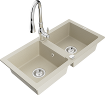 Mexen Mario granite kitchen sink 2-bowl with Savita kitchen faucet, beige - 6504-69-672601-00