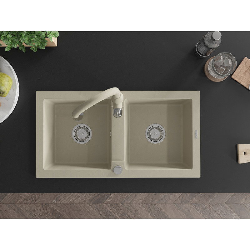 Mexen Mario granite kitchen sink 2-compartment with Savita kitchen faucet, beige - 6504-69-672601-69