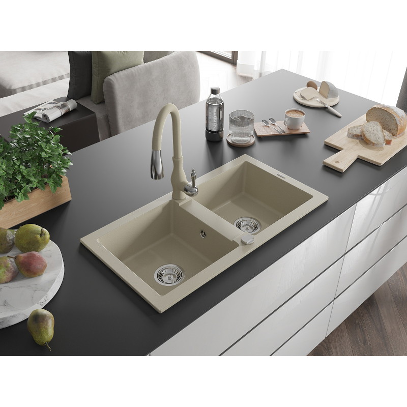 Mexen Mario granite double-bowl sink with Savita kitchen faucet, beige - 6504-69-672601-69
