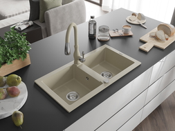 Mexen Mario 2-compartment granite sink with a kitchen mixer tap Savita, Beige - 6504-69-672601-69