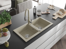 Mexen Mario granite double-bowl kitchen sink with Savita faucet, beige - 6504-69-672601-69