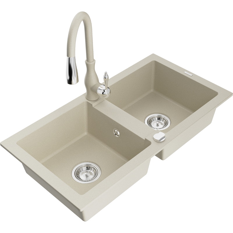 Mexen Mario granite double-bowl kitchen sink with Savita faucet, beige - 6504-69-672601-69