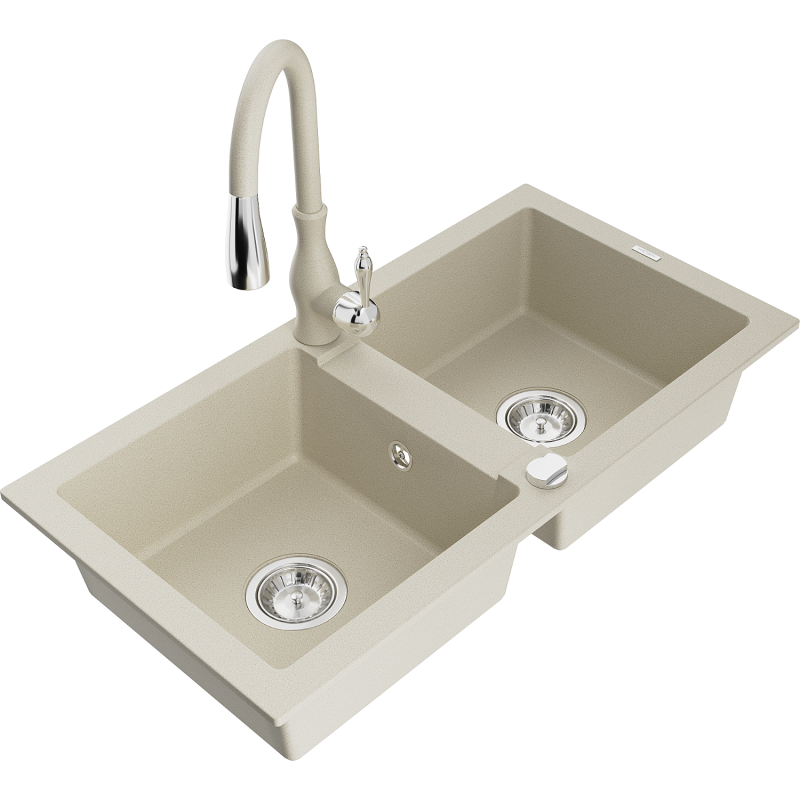 Mexen Mario granite kitchen sink 2-compartment with Savita kitchen faucet, beige - 6504-69-672601-69