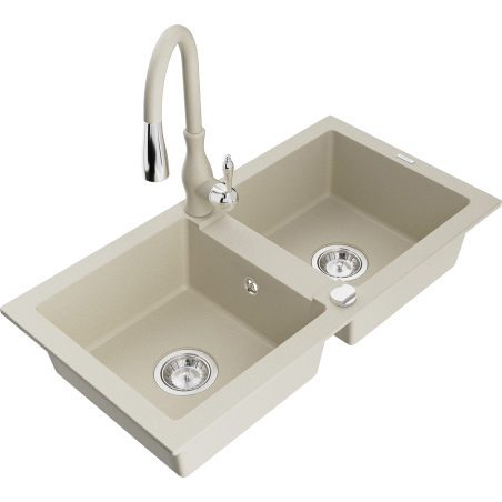 Mexen Mario granite double-bowl kitchen sink with Savita faucet, beige - 6504-69-672601-69