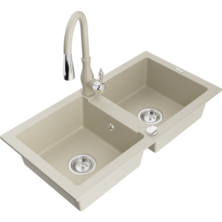 Mexen Mario granite kitchen sink 2-compartment with Savita kitchen faucet, beige - 6504-69-672601-69