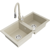Mexen Mario granite double-bowl sink with Savita kitchen faucet, beige - 6504-69-672601-69