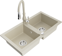 Mexen Mario granite double-bowl kitchen sink with Savita faucet, beige - 6504-69-672601-69