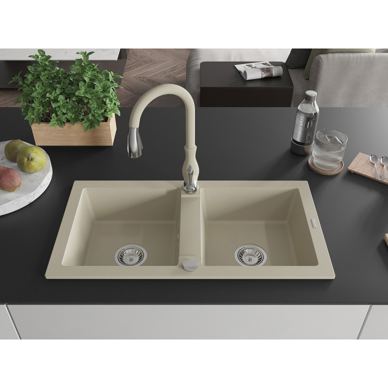Mexen Mario granite double-bowl sink with Savita kitchen faucet, beige - 6504-69-672601-69